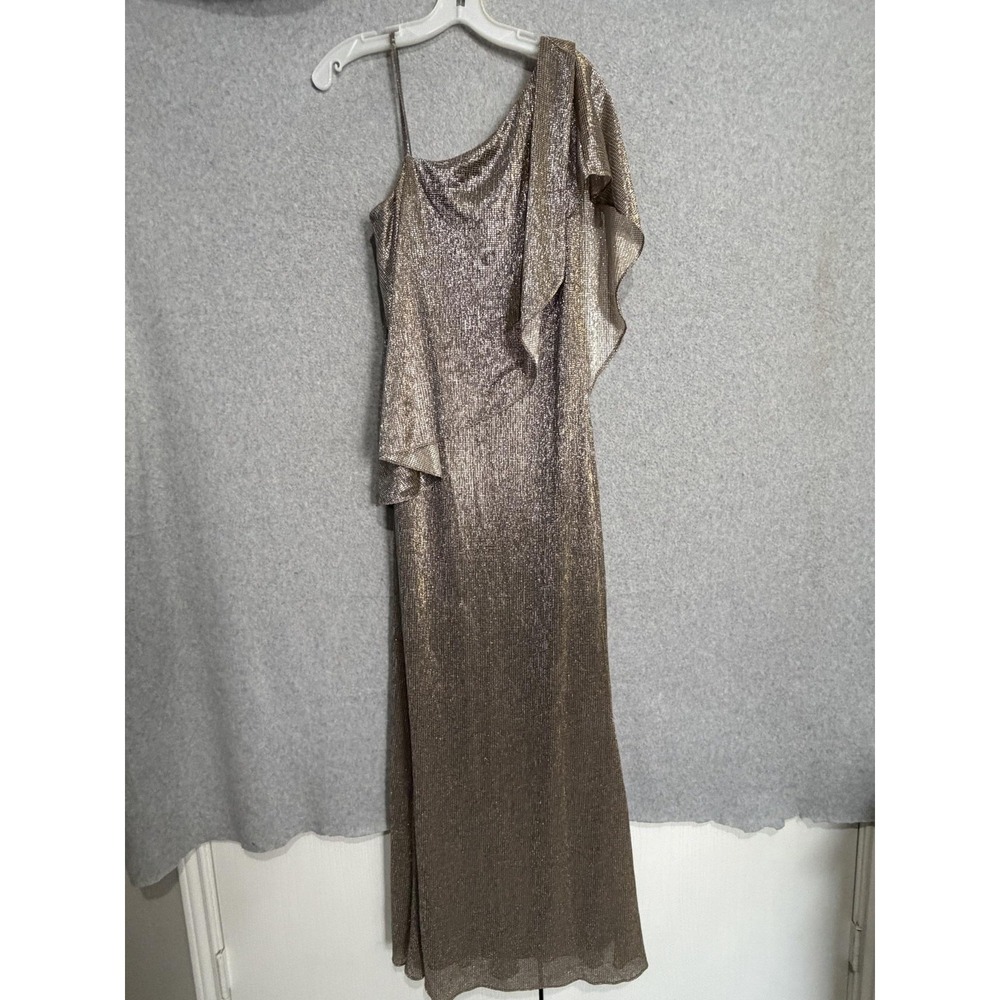 Lauren Ralph Lauren Dress Womens 6 Gold One Shoulder Ruffle Metallic Maxi